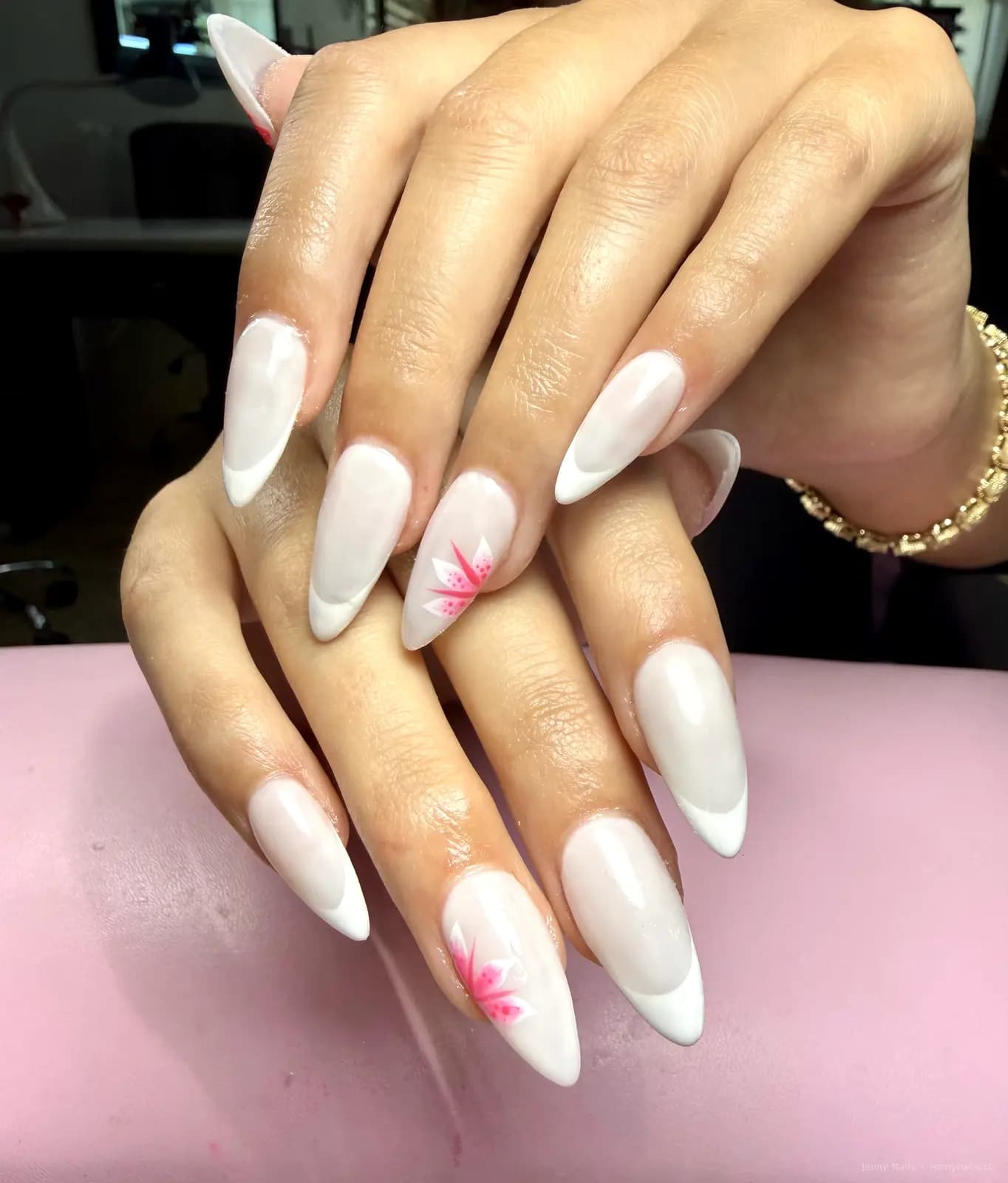 Long white nails with soft pink accent art